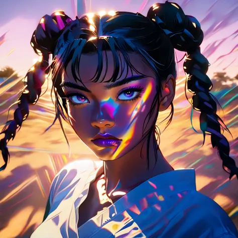 a female martial artist, black eyes, perfect face, hair clips in her hair, training at sunset, extended shadow, sharp shadows, beautiful rich colors, solid colors, masterpiece, best quality 