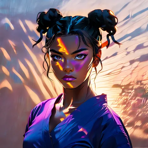 a female martial artist, black eyes, perfect face, hair clips in her hair, training at sunset, extended shadow, sharp shadows, beautiful rich colors, solid colors, masterpiece, best quality 