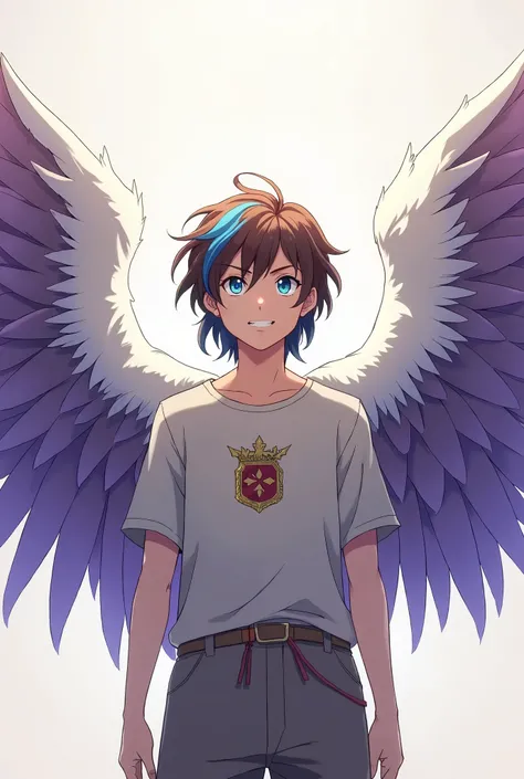 Anime style, full body, a young boy around 15 with medium length brown hair, blue streaks, blue-green eyes, with a large pair of feathered wings, the wings are white with purple feathers, wearing simple grey tunic with the Belmont Family Crest on the chest...