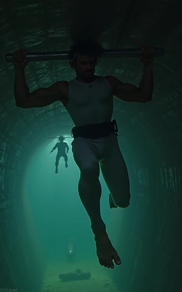 A muscular man wearing a white one-piece sleeveless freediving wetsuit with long leggings, freediving mask, and weightbelt trapped underwater in a dark underwater submarine. Have him pushing up a metal grate ceiling blocking his way with both his hands as ...