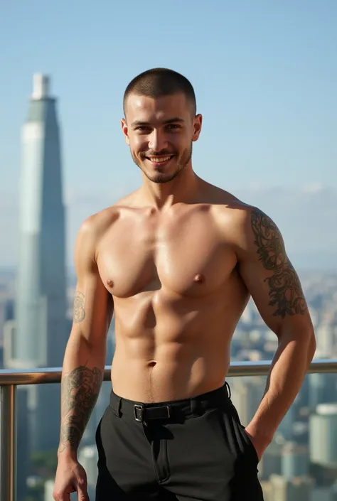   Portrait of a handsome and athletic man .  Buz haircut age 20.  shirtless ,  dress pants .  Both Arms tattooed,  clear sky , terrace,  skyscraper . He smiles and raises an eyebrow slightly 