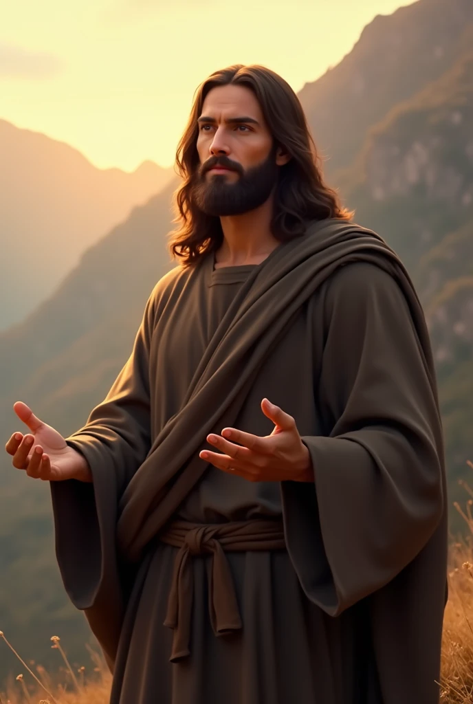  Create an image of Jesus in a serene and tranquil setting ,  with a background of mountains and soft light at dawn .  He is dressed in a simple dark colored tunic, with a cape over his head ,  and has long brown hair and a good beard His eyes are kind and...