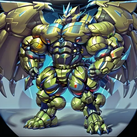 (ZERAORA, 8K), (Zeraoras giant robot, Powered exoskeleton with the same design as Zeraora), (Masterpiece, highres) (Detailed head, Detailed Body, Detailed abs, full body) (gigantic muscles, Gigachad Muscular, big muscle, pecs, triceps, traps, unusually dev...