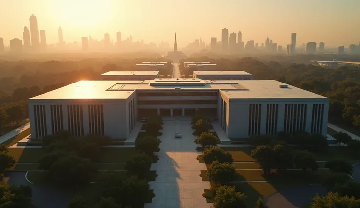 overhead shot of sleek Marvel campus of the Foreign Service Institute brick university building, government facility, Still from Avengers movie, cinematic, daytime, color graded to look like hollywood blockbuster film, overhead cinematic shot , in the far ...