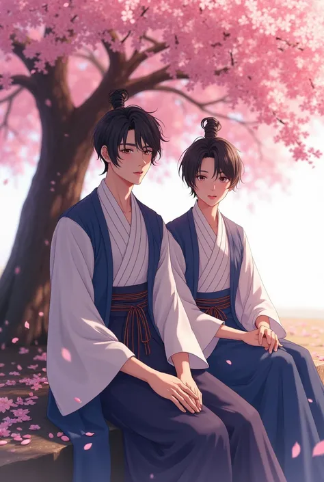  Creates an anime-style image with two male characters seated under a cherry tree,  each character with the following characteristics :  MinHo : Cold,  arrogant and distant ,  a man whose severity seemed unshakable , Extraordinary beauty, high,  of a robus...