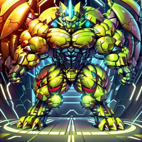 (ZERAORA, 8K), (Zeraoras giant robot, Powered exoskeleton with the same design as Zeraora), (Masterpiece, highres) (Detailed head, Detailed Body, Detailed abs, full body) (gigantic muscles, Gigachad Muscular, big muscle, pecs, triceps, traps, unusually dev...