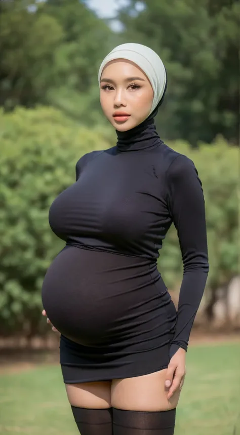 ((top quality, 8k, masterpiece: 1.3)), sensual Indonesian woman named imantroye, ((Hijab:1.3)), (slender figure: 1.2), dark brown hair, (outdoor, tight shirt, fit micro mini skirt: 1.3, thigh high socks:1.3), ultra detailed face, detailed lips, detailed ey...