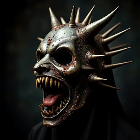 ”(best quality, masterpiece:1.2), a haunting and highly detailed side view of Pivalora1’s dark iron mask, adorned with sharp, pointed spikes along its edges. The mask features a large, menacing mouth filled with jagged, razor-sharp teeth, with rusted detai...