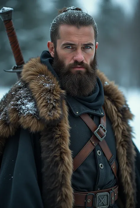    Portrait close to the shoulders, gladiator,  Russian — fur cape, leather belt, old clothes , sword on the back, young, beard, kind face,  looks at the camera ,  photorealism ,  cinematic quality ,  dark background,  4K image quality ,  rotated with the ...