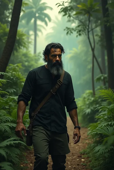  A man in a forest with a black beard and a short length wearing a black shirt is going towards Noor Abbad 