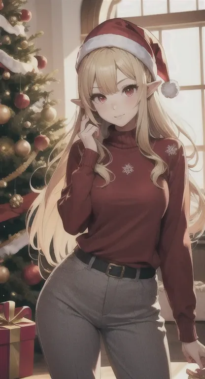 1girll, playgame, Hylia, red eyes, Long blonde hair, Large display,  Christmas sweater and pants, home, Christmas day, SFW, muted colors