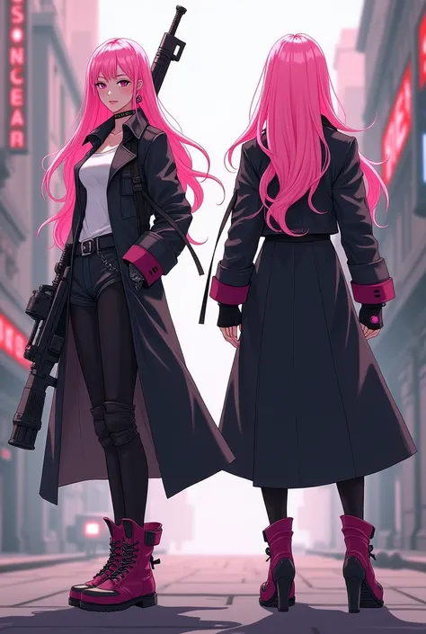  I would like to create an image of a female character for a modern role-playing table,  with long loose hair , very large, light pink in color,  where your clothes are not sexualized, In black ,  pink and white with a trench coat ,  where she holds a rifl...