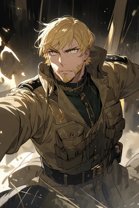 blond hairs, man, short hair, golden eyes, military outfit, Barbe, 