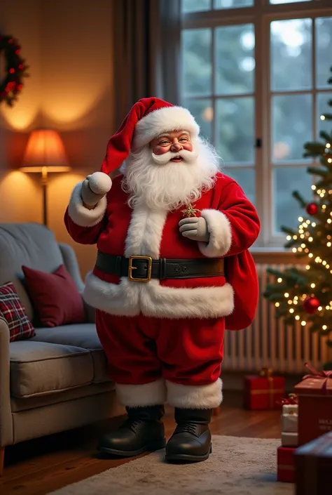  a lovely Santa ，， wearing a red hat and a suit made of fluffy cotton candy，Holding a bag of gifts ，Comfortable living room，Christmas tree， very detailed interior design ，warm winter night ，（ best quality ，4K，8k， high resolution icon ，masterpiece：1.2）， sup...