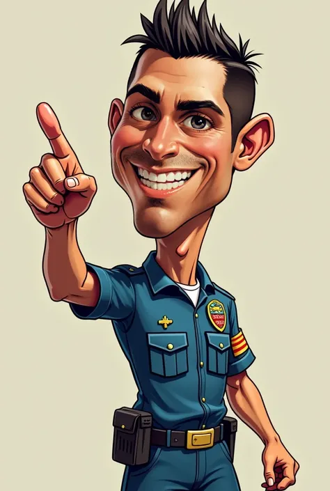  make a caricature of Cristiano Ronaldo exaggeratedly, wearing a security costume , his left hand pointed. cartoon style,