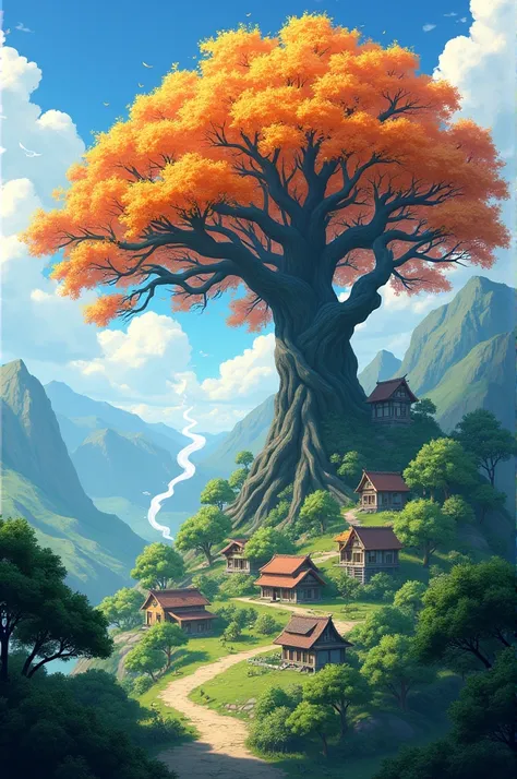  A beautiful orange blossom tree soared over the Xamã village on top of a mountain with its hollows surrounded by many trees.
From there you could see smoke coming out  