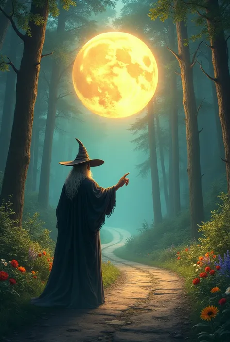 (back view: 1.1) of a powerful (old wizard) (wearing a wide hat and cloak) standing on the side of a forest road, while pointing to a massive orb, ((tall trees)), ((flowers)), ((masterpiece)), ((realistic)), ((8k quality))
