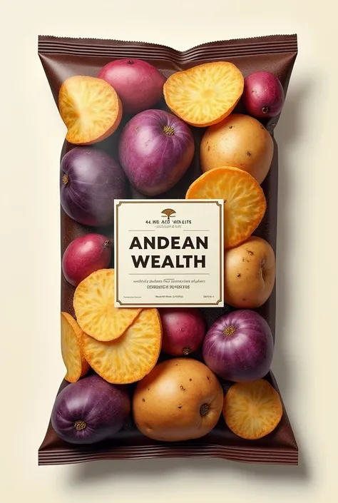  anatomy, 8K ultra HD, Andean potato chips ,  in a bag that says Andean wealth 