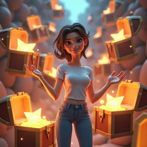 3d art style woman wearing jeans and t-shirt opening treasure chests labeled “Leads” with glowing emails inside 