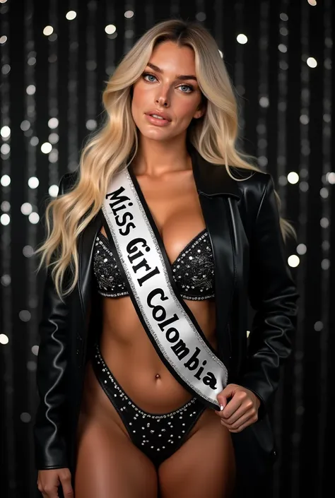 Woman Kendall   ,    black eyes,    shiny lips , blush,    shiny skin and long light blond hair on a shiny black background with sparkles before silver lights ,  with an innovative attitude with lingerie she wears a synthetic leather coat with a Miss Unive...