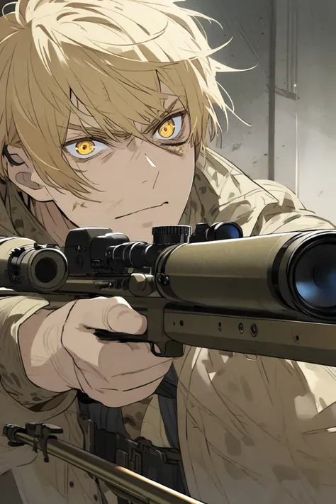 blond hairs, man, short hair, golden eyes, sniper, aim, scare on eye