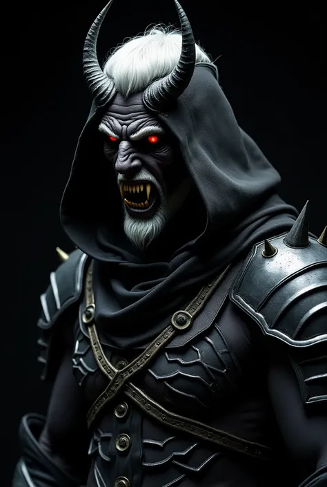 a man wearing black robes with armour underneath and hood. red eyes. snarling mouth with long fangs. twin horns. white hair. face in the style of a metal samurai musk. clouded in shadow. cyberpunk style. black background. muscly figure. fully covered. mult...