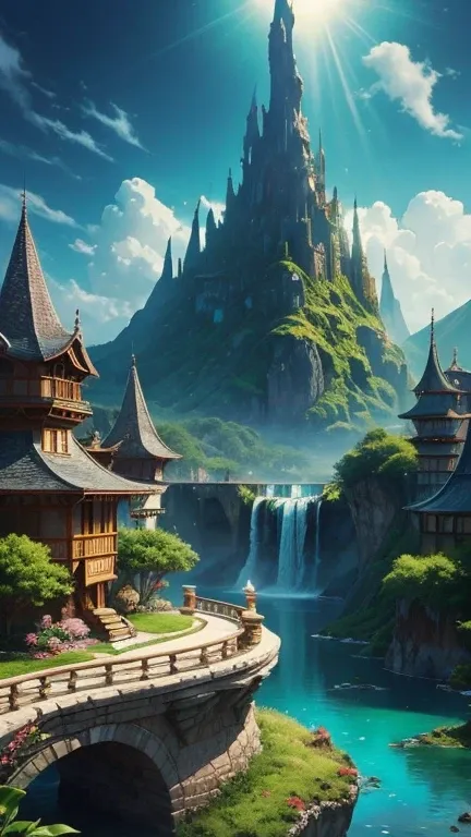 Envision a mesmerizing scene of a magnificent realm of romantic dreams. The environment is filled with intricate floating islands, fluffy clouds, waterfalls cascading from the floating islands, and a vibrant, surreal atmosphere. The atmosphere is filled wi...