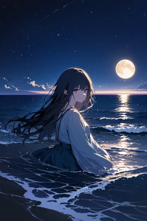 The night, girl, sea, the night, light, moon, the night