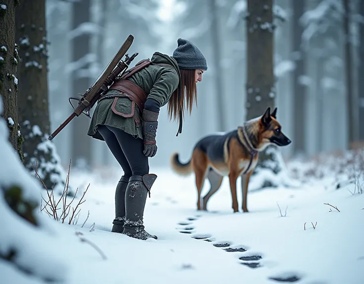  a pair of footprints on fresh snow 、 hunter girl bending over to search for footprints of beasts leading deep into the forest、Hunter hat 、 Belted Tunic 、Skin-colored tights 、gloves、 boots、 Highlight Buttocks 、Equipped with a bow and arrow 、Hound