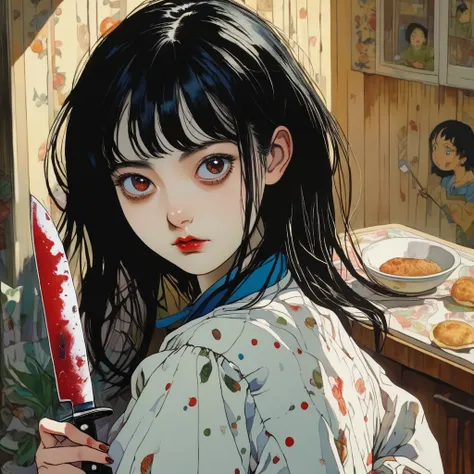 1girl, expressive eyes, black hair, she has a kitchen knife, sharp shadows, beautiful rich colors, masterpiece, best quality, Junji Itō style