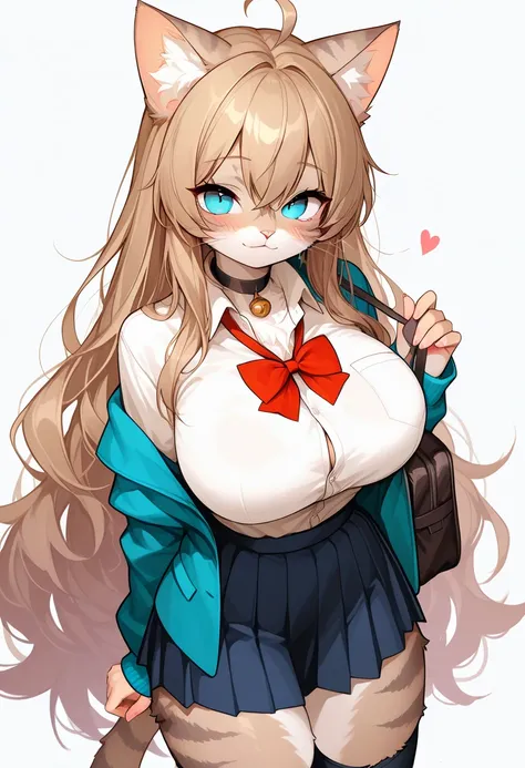 Anime style cat Furry women, (big breasts) very long medium legs, in the school uniform,