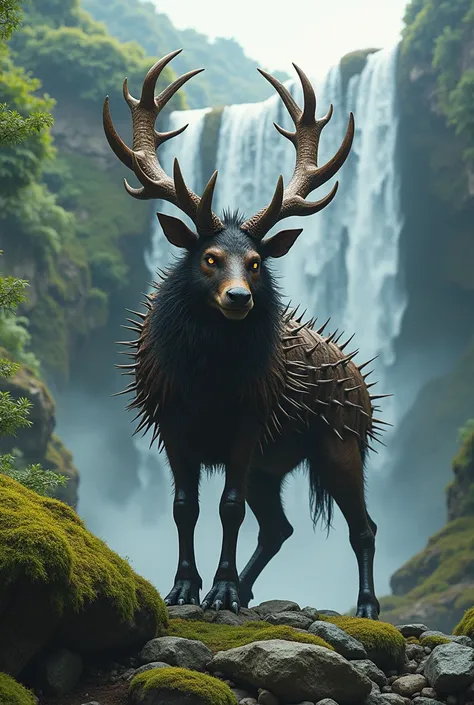 I want to create a picture hybrid animal from these two animals danger hedgehog and danger nilgai create this picture with background of the waterfall in the green mountain