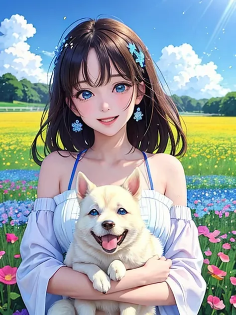 Score 9 Up,Score 8 Up,Score 7 Up,(Best Quality),((Masterpiece)),Anime,Manga,Cute "Blue-eyed girl in a vast field of vibrant flowers. A cute smiling woman is playing with a white dog", In a field of flowers. There is a blue sky in the background and rainbow...