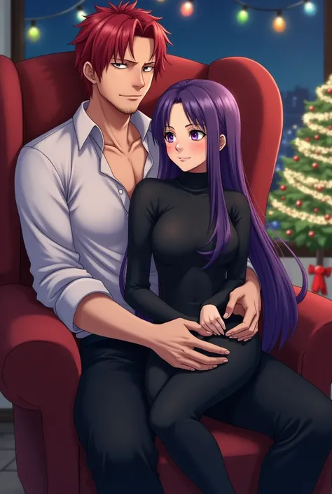 1 man, red hair, Shnks, shanks (one piece), short hair, white shirt, male focus, collared shirt, black pants, facial hair, pectorals, unbuttoned on neck
He is sitting on a armchair and on his legs is sitting a woman that has long purple hair and looks like...