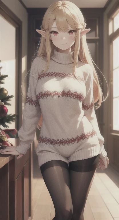 1girll, playgame, Hylian, Hylia, red eyes, Long blonde hair, Large display,  Christmas sweater and shorts, pantyhose, home, Christmas day, SFW, muted colors