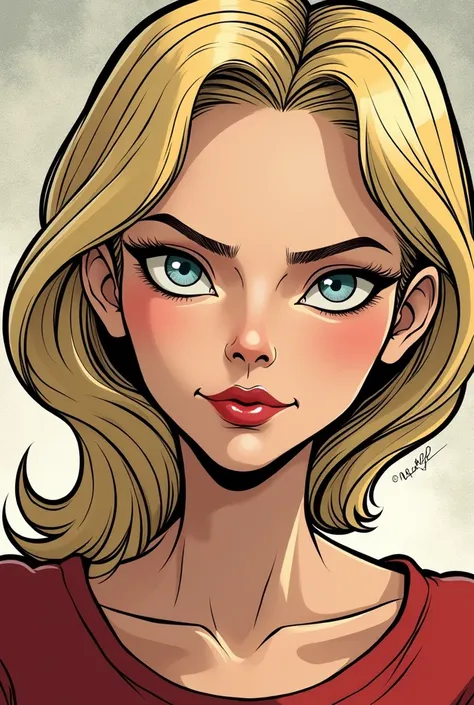 White girl with very thin upturned eyes, full lips, very marked features and jaw, blonde hair, comic