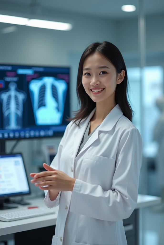 Create an image of a beautiful Vietnamese female doctor as a medical professional instructing the use of medical software via live stream, doctor is also a technology expert 