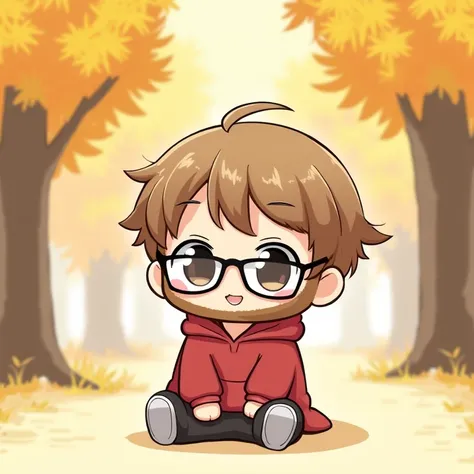 Chibi Character,High image quality,Facing forward,boy,glasses,beard,Light Brown Hair,Black eyes,red hoodie,cute,Fluffy atmosphere,I&#39;m sitting flat on the floor,Blushing, Look at, smile, Maple scenery