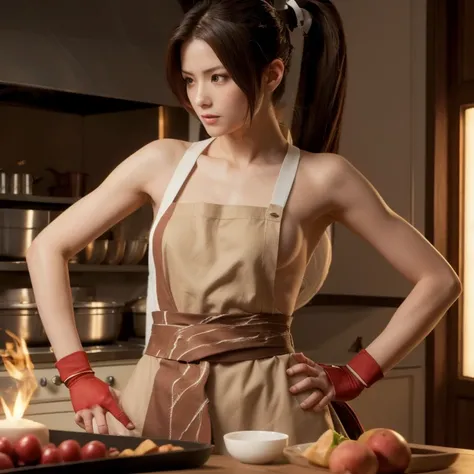 Mai Shiranui (KoF, Dead or Alive), .1girl, Solo, Masterpiece, High Resolution, Anatomically Correct, Textured Skin, Super Detailed, Best Quality, Long Hair, Ponytail, Fair skin, Brown Hair, Amber Eyes, Naked Apron, Kitchen, Reflection Light, Realism, Roman...