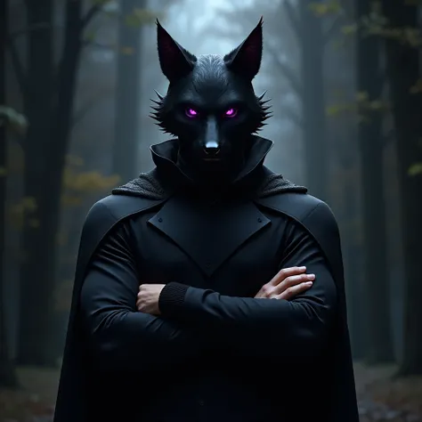 Male character, hooded, purple eyes, black mask, with cat and wolf ears, arms crossed