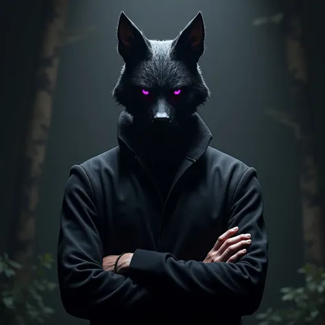 Male character, hooded, purple eyes, black mask, with cat and wolf ears, arms crossed