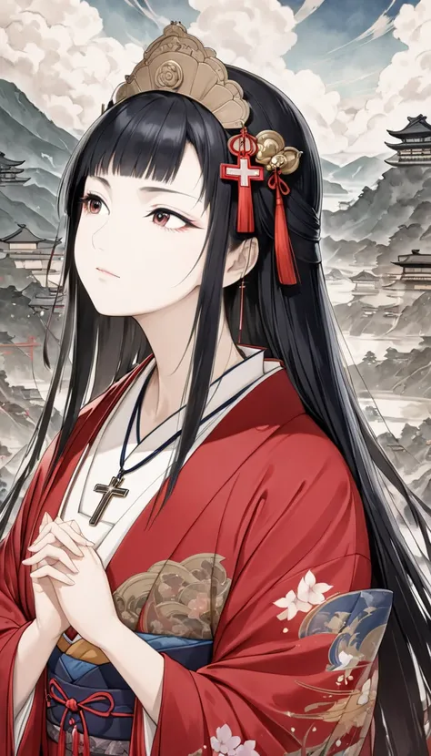 (((Hosokawa Gracia, Warring States period, beautiful Japanese woman princess, black hair, long hair, princess cut, red gorgeous kimono, cross necklace, praying, serious face, looking up to the sky))), watercolor and oil painting fusion, paper cutting and s...