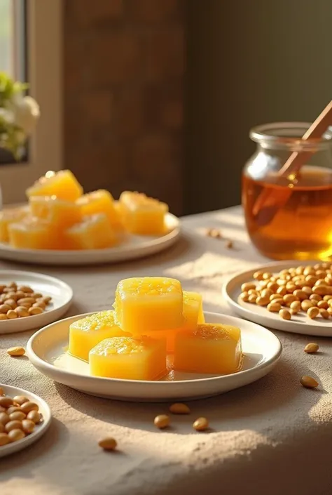 a table. A, Where in it is chewing gum made from honey and melon seeds ,  on the next plate there are melon seeds and on the other the honey jar. 