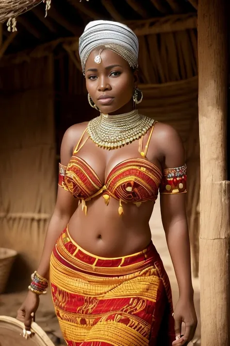  rural woman from Ivory Coast in traditional attire, Sexy neckline ,  Big breasts  (1.3),bela,  traditional Ghanaian scarf , simple bijoux , posing for the photo,  looking directly at the viewer , very  Big breasts , pose sexy,  Detailed expression , the w...