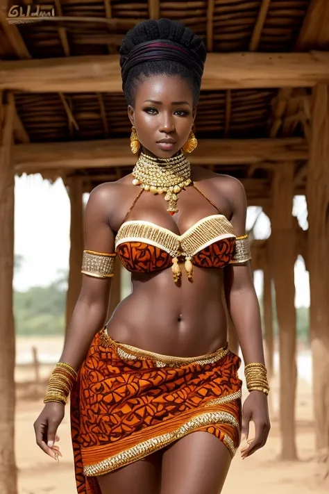  rural woman from Ivory Coast in traditional attire, Sexy neckline ,  Big breasts  (1.3),bela,  traditional Ghanaian scarf , simple bijoux , posing for the photo,  looking directly at the viewer , very  Big breasts , pose sexy,  Detailed expression , the w...