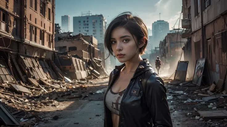 masterpiece, high resolution,8K,(Portrait Photos:1.5),(R Original Photo),Reality,Digital Photography,(Apocalyptic ruins ),City ruins，beautiful 20 year old woman，Short hair，sentry， post-apocalyptic scene， upper body photography ， open clothes 