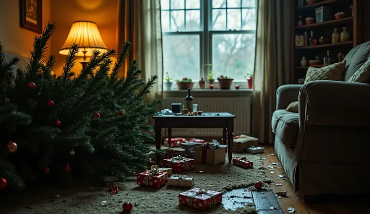 The inside of a cozy living room, now in disarray. A Christmas tree lies toppled over, ornaments shattered on the floor, and opened presents scattered haphazardly. On the coffee table are crumpled candy wrappers and an empty wine bottle. The lighting is di...