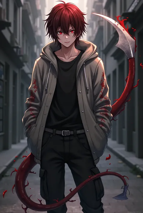 Tokyo Ghoul style, full body, a young adult boy with medium length dark red hair, red eyes, a bloodied grey hoodie, black cargo pants, a long silver bladed tail with a sharp bladed tip.