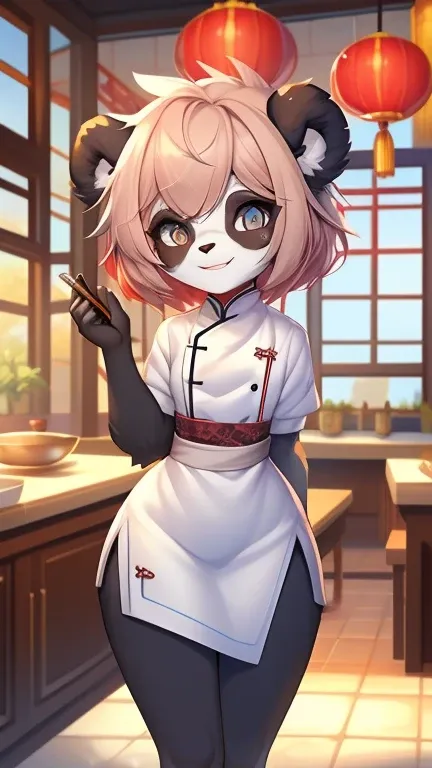 Best quality, Super detailed illustration, (1 boy:1.2), (Fluffy panda:1.4) , feminine face and body, disheveled thick hair, Chinese dress, Chef, shy smile, Femboy, small waist, wide hips, Slim, perfect body, DND style