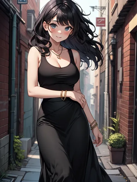 ((masterpiece, best quality:1.3, high detail)), beautiful woman, smile, looking at viewer, long wavy hair, (maroon hair), full-face blush, (white tank top), cleavage, ((((((long black skirt)))))), (black pencil skirt), long skirt:1.8, necklace, bracelets, ...